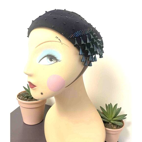Vintage 1950s Jami Exclusive Navy Felt Cocktail Hat w/ Beaded Fringe & Sequins main image 6